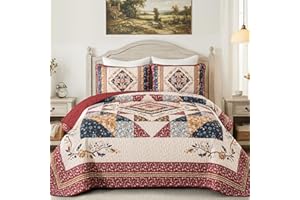 Dobuyly King Quilt Bedding Set, Vintage Floral Patchwork Bedsprea King Size, Red Summer Lightweight Coverlet Bedding Set with