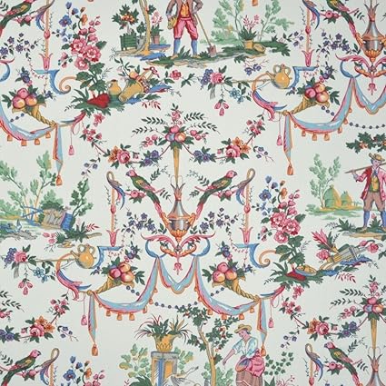 Textiles Français Tissu De Coton Imprimé Toile De Jouy La Vie à La Campagne Multicolore Fond Blanc Crème Largeur 280 Cm Par Mètre