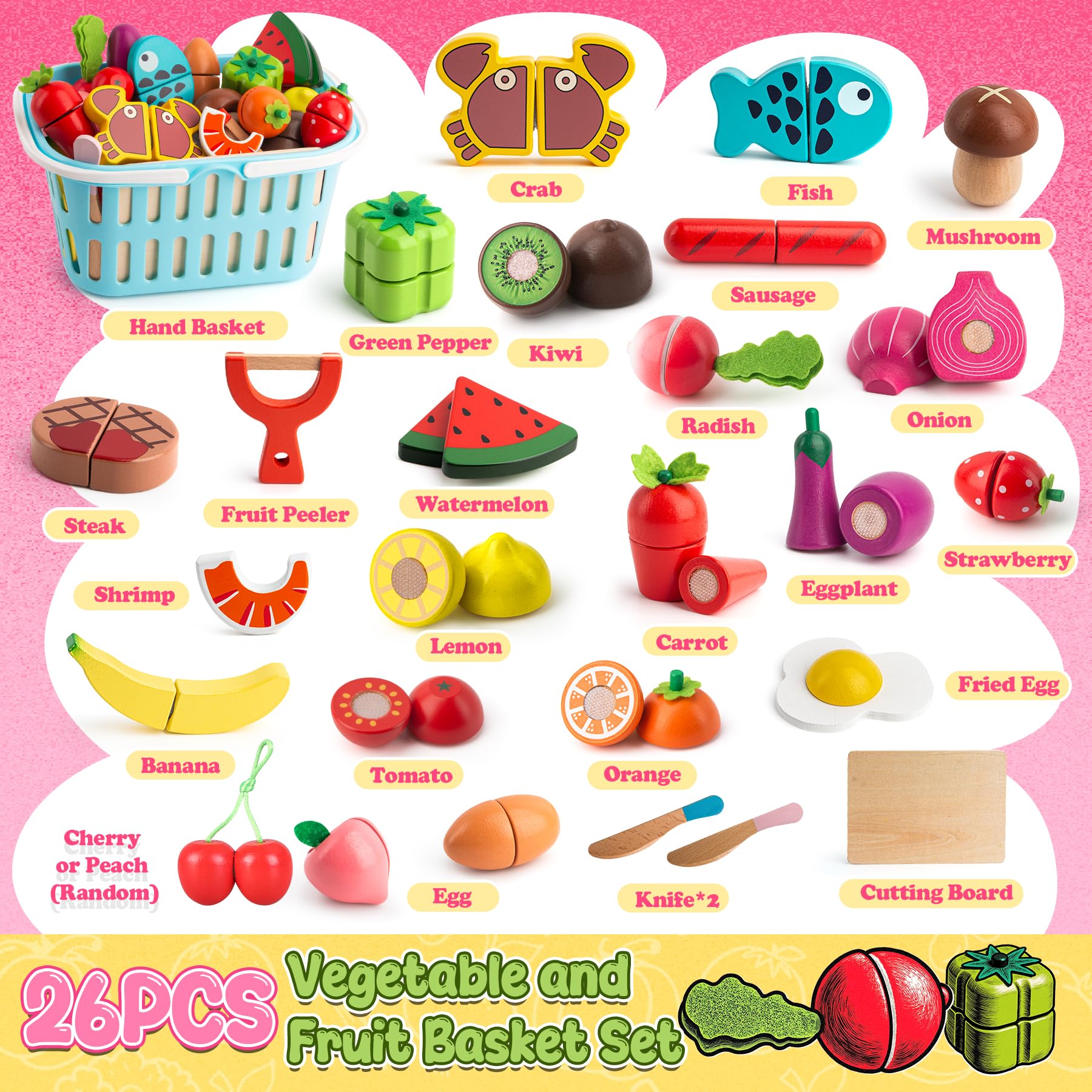 BunnyJOY Kinderküche Zubehor Holz, Spielküche Zubehor, Kaufladen Zubehör, Küchenspielzeug Holz, Küchenzubehor Kinder, Lebensmittel Spielzeug, Schneideset Obst Gemuese, 26 Stück 7