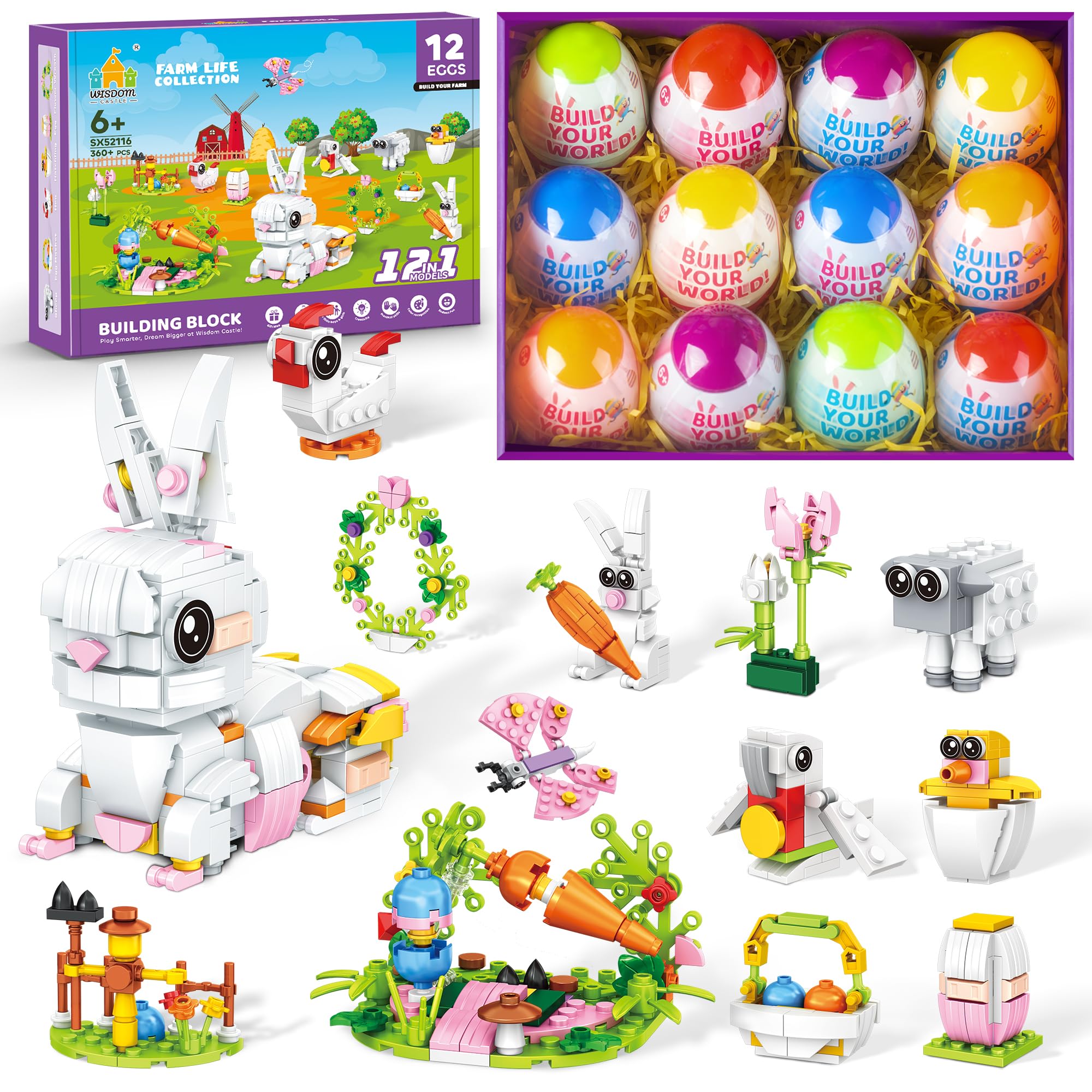 Easter Bunny Building Toy Set, Easter Gifts for Kids - 12-in-1 Rabbit Building Block with Prefilled Eggs, Includes Chick, Sheep, Carrot, Flower, Easter Basket Stuffers & Decorations for Boys Girls 6+