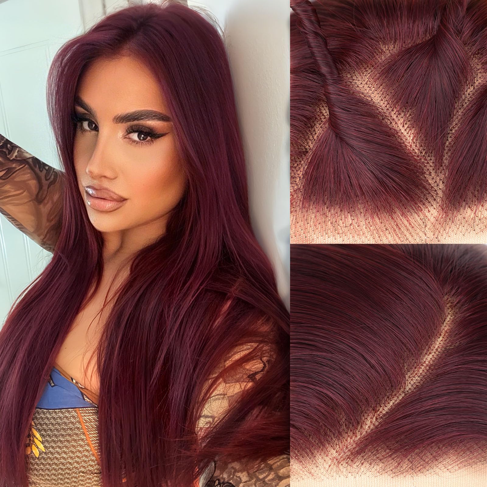 Photo 1 of AISI HAIR 13x4 HD Lace Front Wig Burgundy Pre Plucked With Baby Hair Straight Glueless Synthetic Wigs for Women 28inch Beginner Friendly