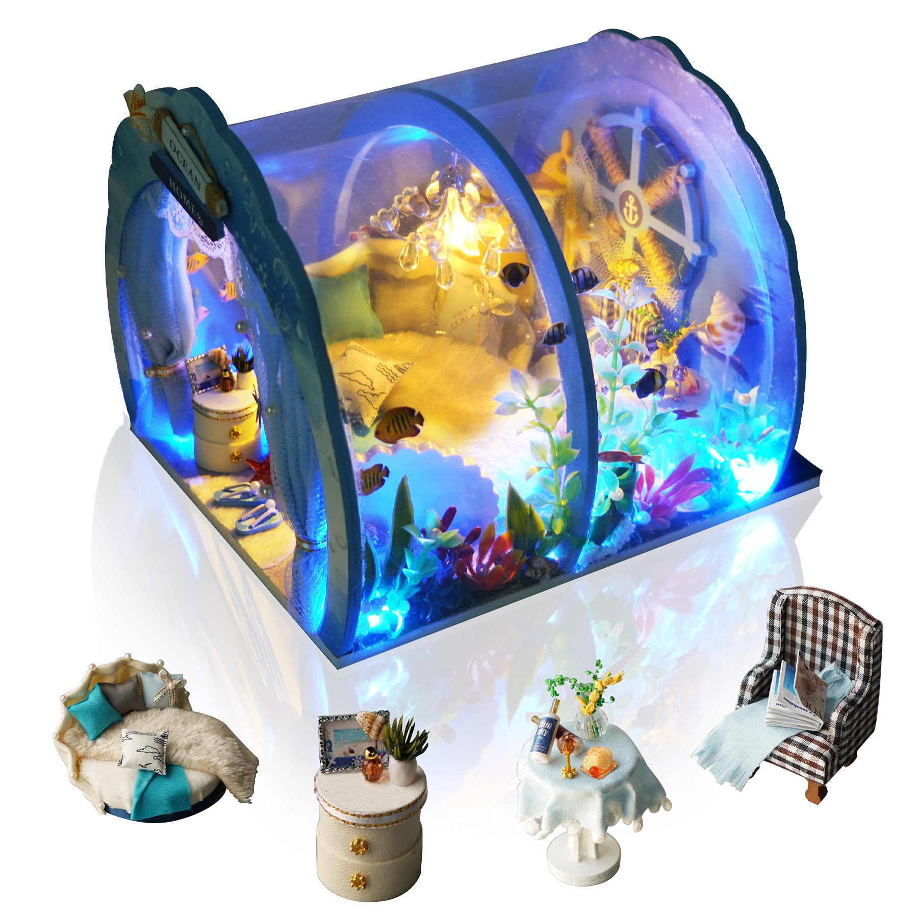 Cuteefun DIY Miniature Dollhouse Kit for Beginners to Build Miniature House with Furniture and Tools DIY Creative Craft Gift Idea (Words of the Sea)