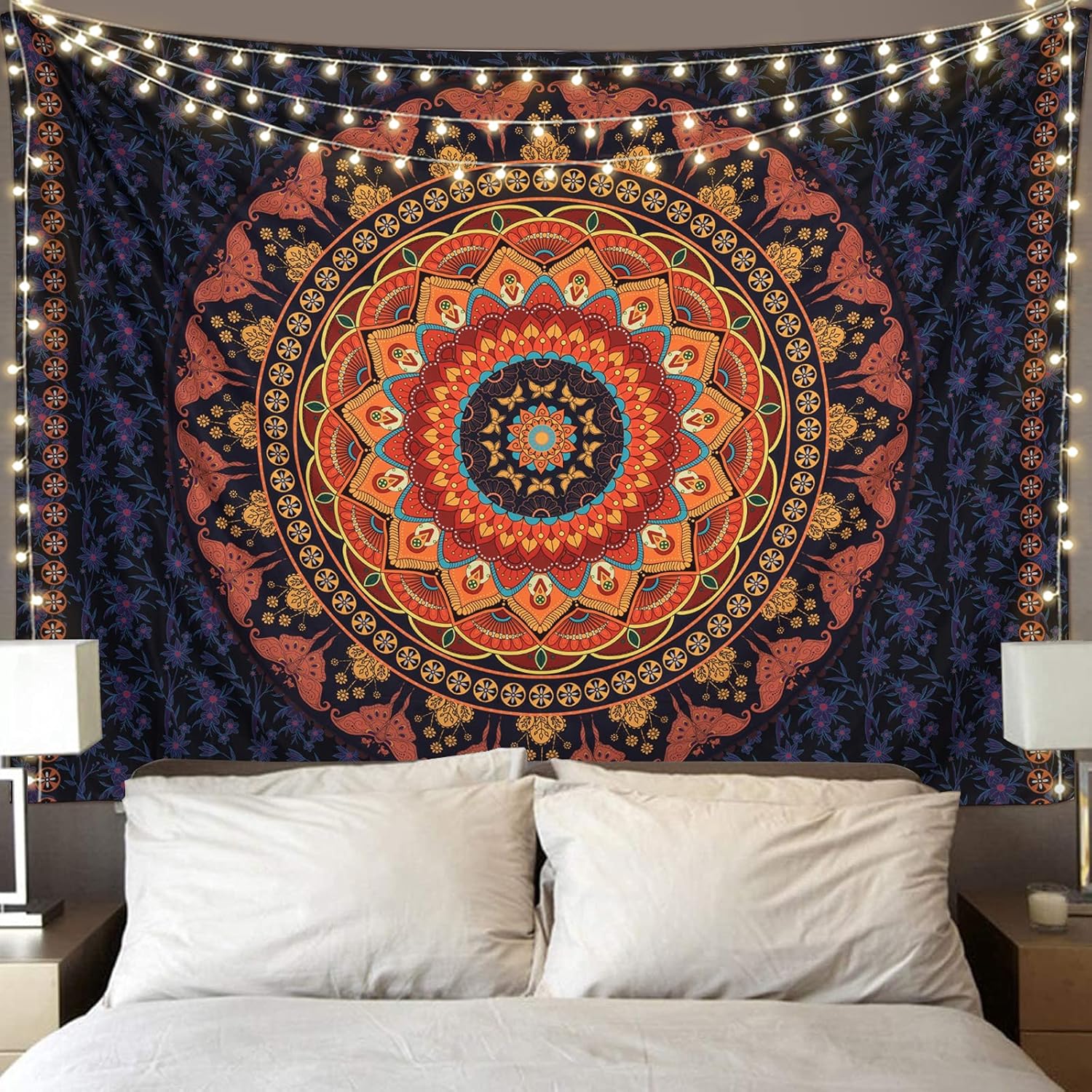 Tapestries - Edeesky Boho Mandala Tapestry Aesthetic Wall Hanging Psychedelic Hippie Butterfly Tapestries Vintage Wall Art Home Decor for Bedroom,Living Room,Dorm(Red