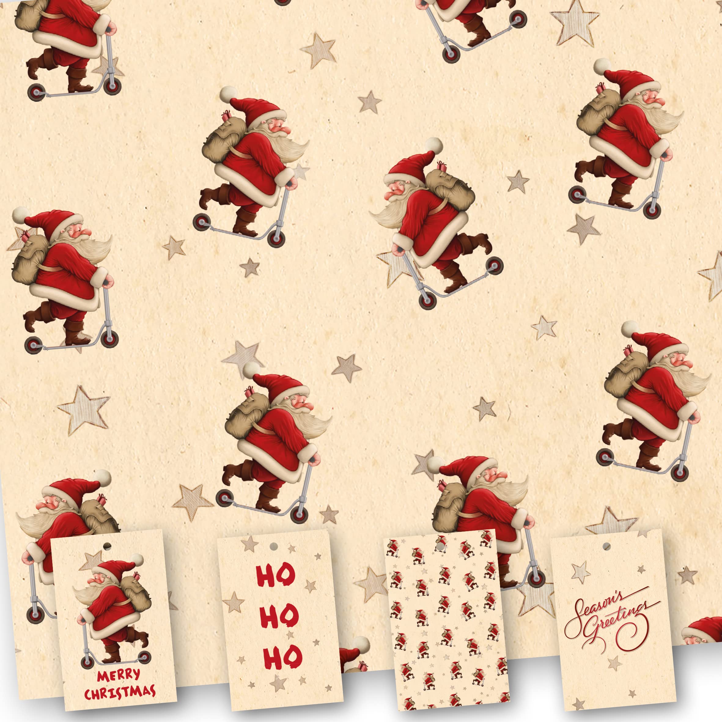 Christmas Wrapping Paper. 8 XL Sheets (50 x 70cm). Santa on Scooter design. Gift Wrap with matching Tags. Cutting grid on reverse.