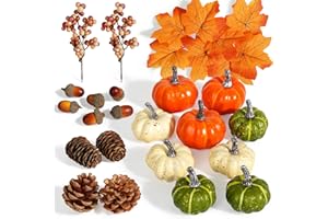 Artmag Pumpkin Decor Set, 25 PCS Fall Artificial Maple Leaves, Harvest Pumpkins, Acorns, Pine Cones and Orange Berry Stems Decorations for Fall Thanksgiving Table Decor