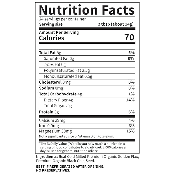 GARDEN OF LIFE 100% USDA ORGANIC GROUND FLAX SEED & CHIA BLEND, GLUTEN FREE COLD MILLED GOLDEN FLAXSEED MEAL PLUS PREMIUM BLACK CHIA SEEDS – VEGAN FIBER, PROTEIN AND OMEGA 3 FATTY ACIDS, 24 SERVINGS