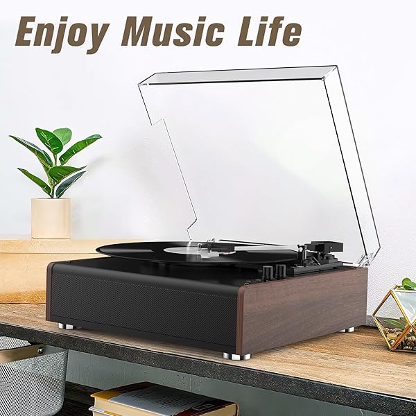 VINYL RECORD PLAYER BLUETOOTH WIRELESS TURNTABLE WITH BUILT-IN SPEAKERS AND 3 SPEED BELT-DRIVEN VINTAGE PHONOGRAPH RECORD PLAYER WITH MAGNETIC CARTRIDGE, RCA OUT, AUX IN, HEADPHONE JACK (BROWN)