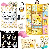 Buryeah 9 Pcs Duck Gift for Women Duck Lovers Gift Set Throw Blanket Cosmetic Bag Canvas Tote Bag Keychain Coffee Mug Socks Pillowcase Candle Hat