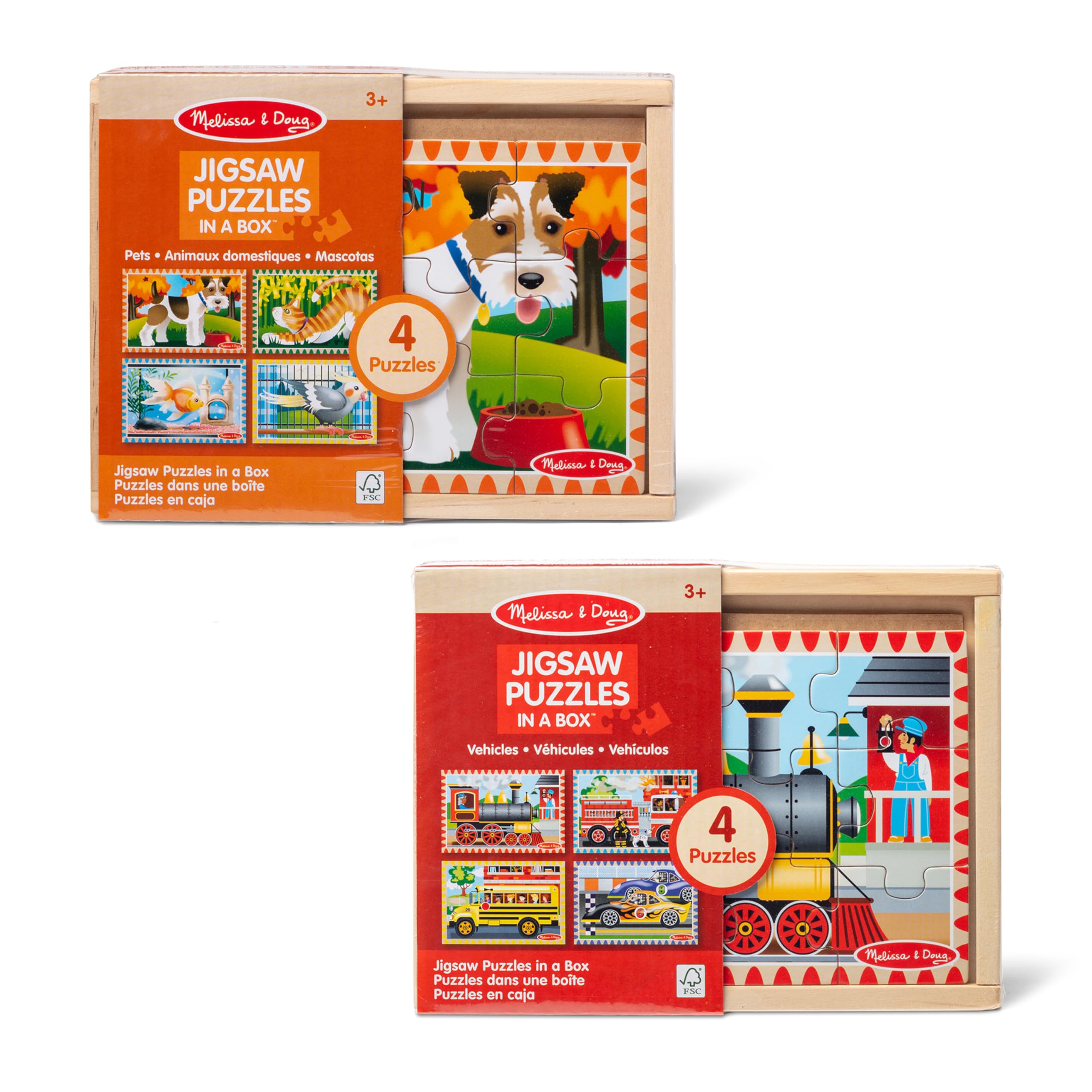 Melissa & Doug Wooden Jigsaw Puzzles in a Box 2-Pack for Preschool Boys and Girls – Pets, Vehicles