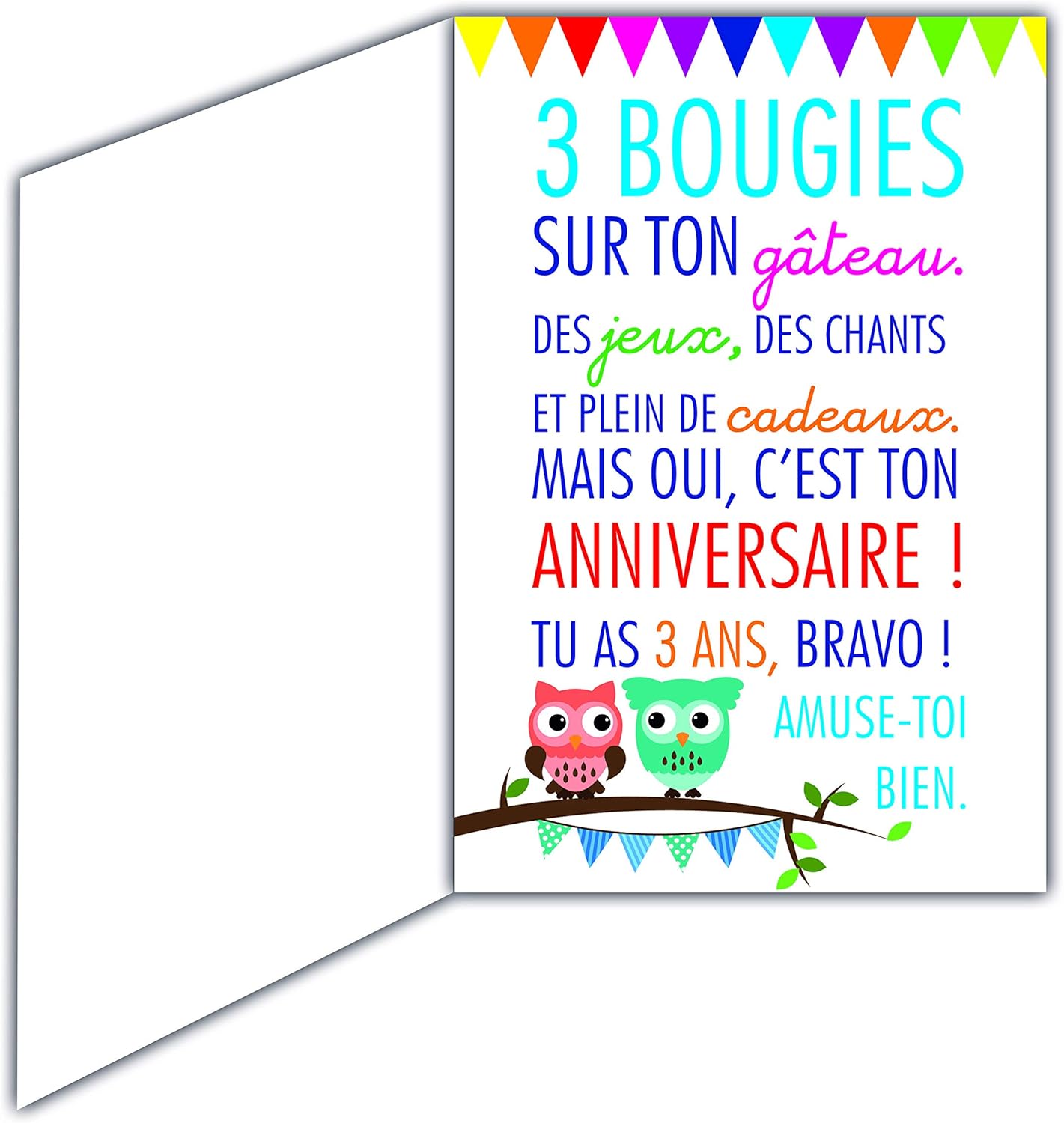 69-2003 Birthday Card, 3 Years, Children, Boys, Girls, Owls, Birds, Balloons, beige - Image 3
