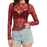 DUKBUBI Womens Mesh Sheer Tops Long Sleeve Layering Top Mock Neck Blouse See Through Floral Lace Tops