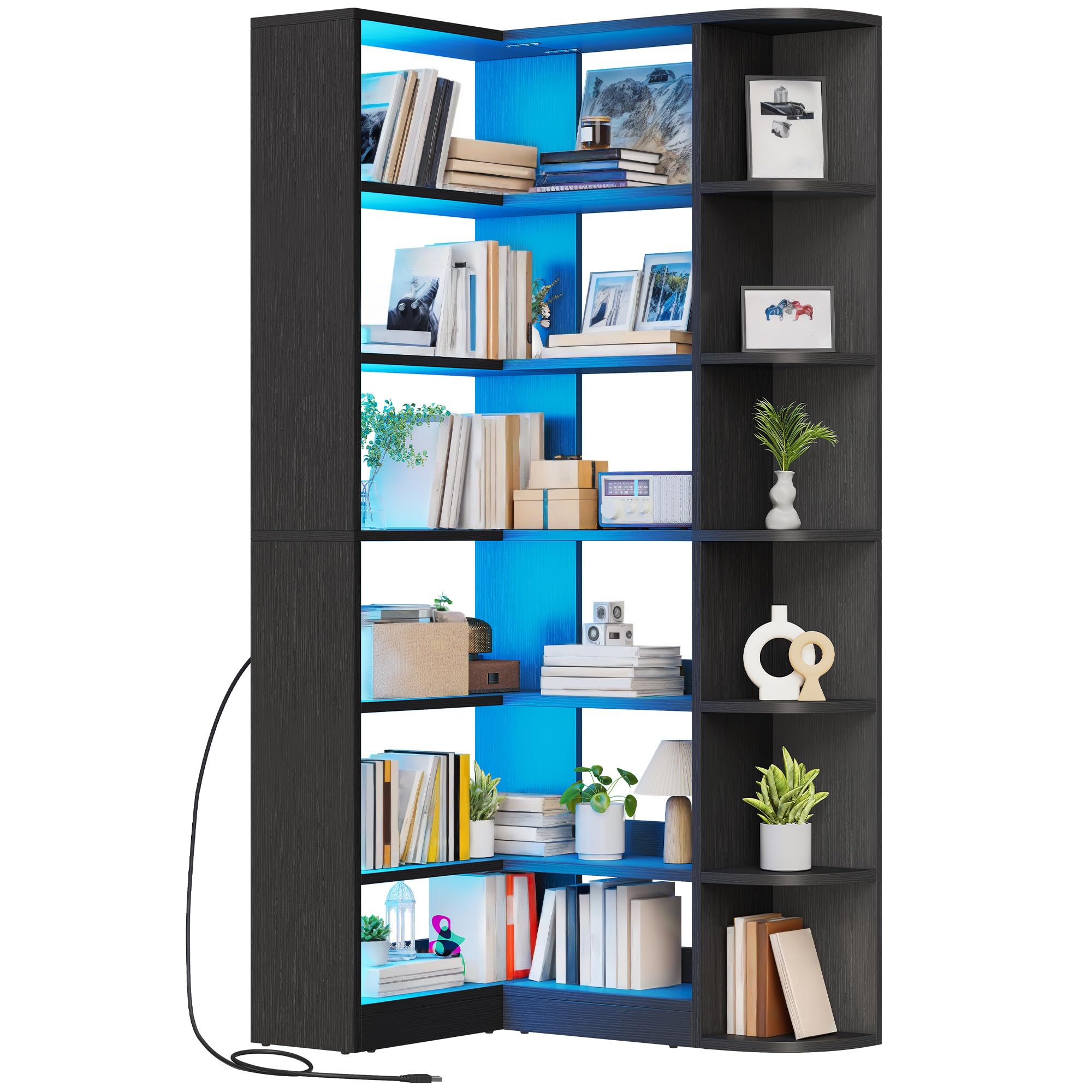 Photo 1 of **SOME PARTS HAVE SMALL CHIPS**YITAHOME Corner Bookshelf with LED Light, Black Bookshelf 6 Tier Corner Shelf L-Shaped Bookcase Storage Display Shelf for Home Office, Living Room, Black