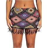 MakeMeChic Women's Floral Crochet Skirt Fringe Trim Bodycon Boho Mini Skirts