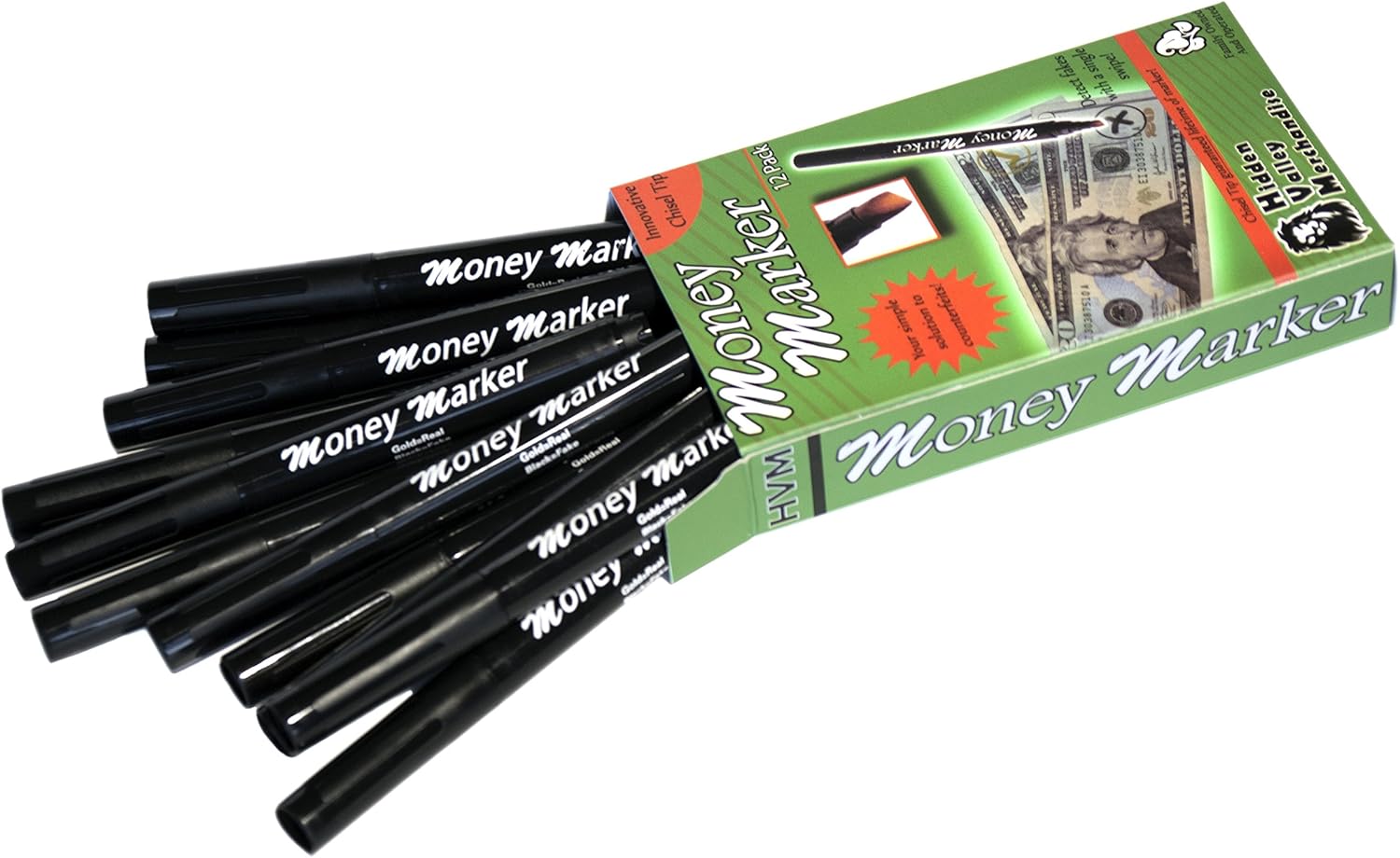 Money Marker (12 Pens) --- Counterfeit Bill Detector Pen with Upgraded Chisel Tip - Detects Fake Counterfit Bills, Universal Currency Detectors Pack : Office Products