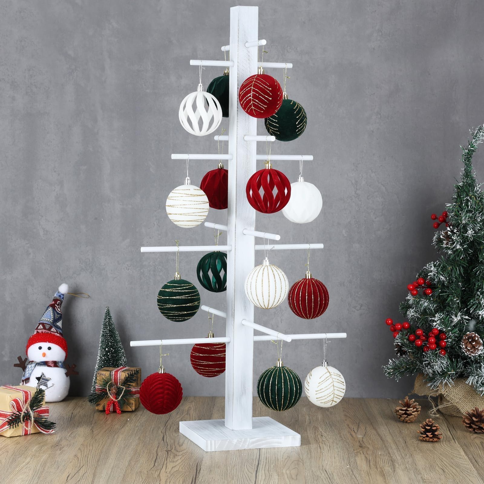 Photo 1 of 32 inch Vintage White Farmhouse Ornament Tree Display Stand Artificial Tree Holder Tabletop Traditional Wood Rustic Trees for Wedding Anniversary Christmas Birthday Farmhouse Party Home Decoration