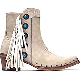MissHeel Fringe Booties Studded Women Cowboy Ankle Boots with Turquoise Stones