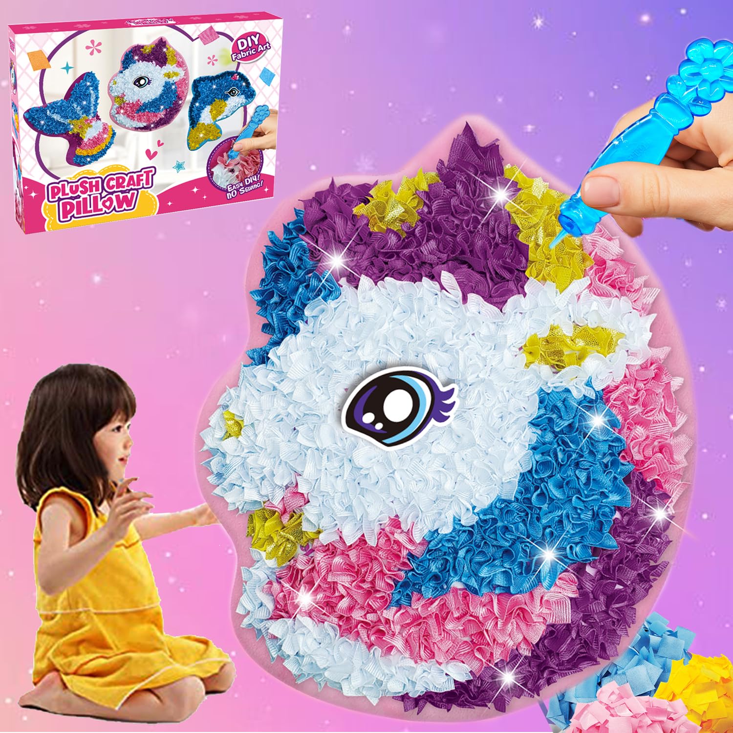 Unicorns Plush Craft Pillow, DIY Fabric by Number Art Kits for Kids, No Sewing, Make Your Own Unicorn Pillow, Kids Creative Learning Activities, Fun with Bright Colors, Plush poke art Toys