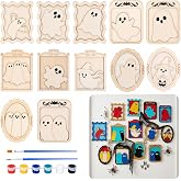 12 Pack Halloween DIY Wooden Ghost Frame Craft, Ghost Wood Painting Crafts | Unfinished Ghost Frames Wall Decoration with Paint Colors and Brush for Spooky Home Decor Halloween Party Favors
