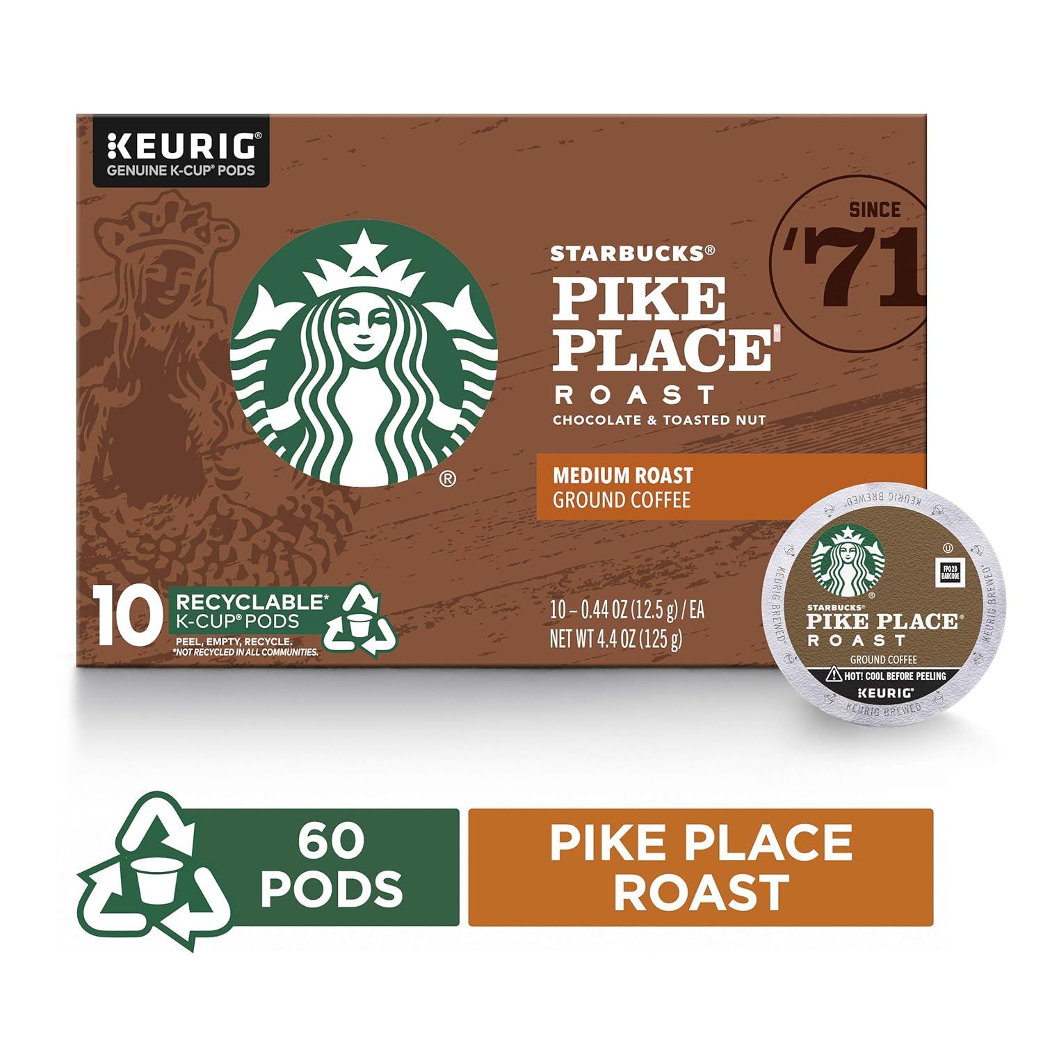 Starbucks Medium Roast K-Cup Coffee Pods — Pike Place Roast for Keurig Brewers — 6 boxes (60 pods total)