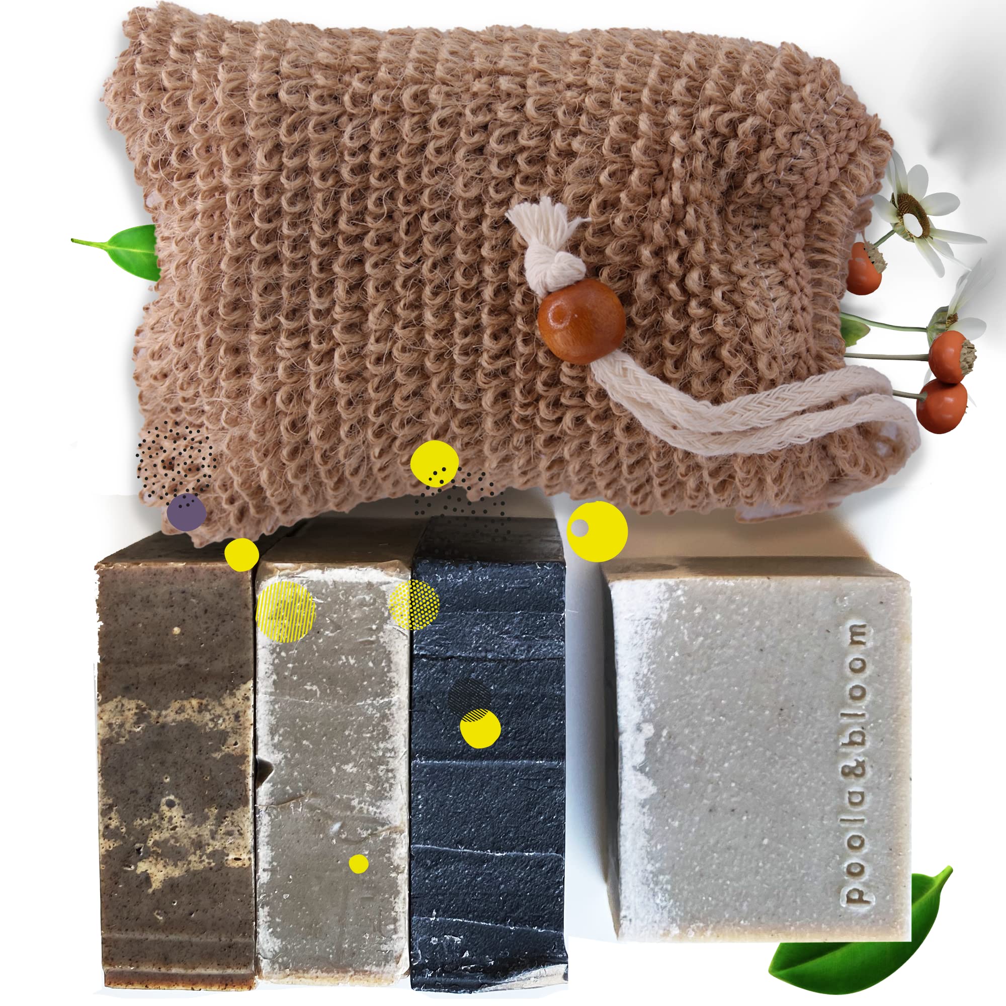 Poola Bloom Men's Organic Handmade Soap Set-4 Bars with Charcoal Dead Sea Mud Olive Oil for Exfoliating Cleansing and Moisturising Skincare Routine Vegan Friendly, Natural Wash Collection