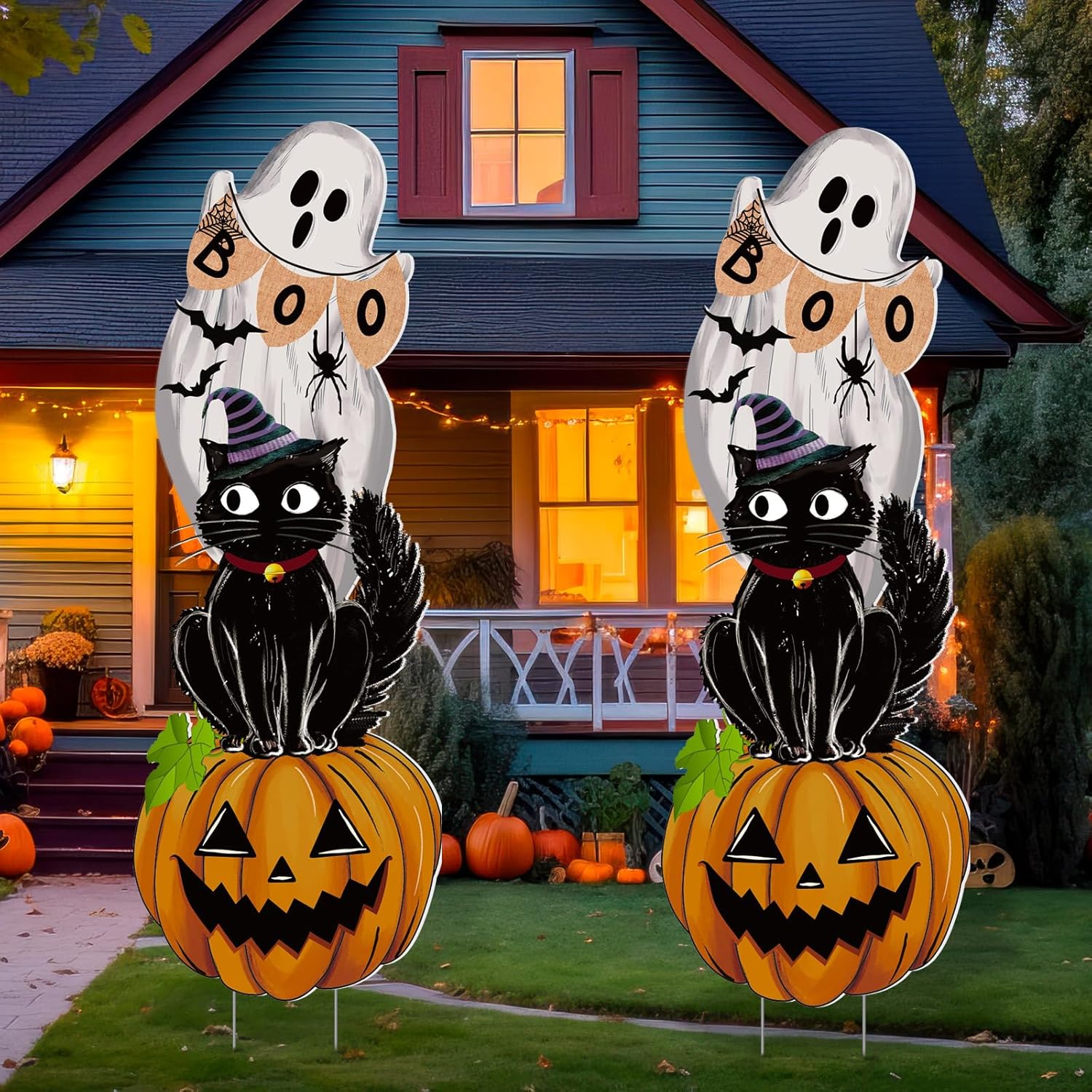 Yard Signs - 2 Set Halloween Yard Signs Large with Stakes for 39 Inch Halloween Decorations Outdoor Vintage Pumpkin Ghost Cat Boo Waterproof Halloween Lawn Garden Party Decor