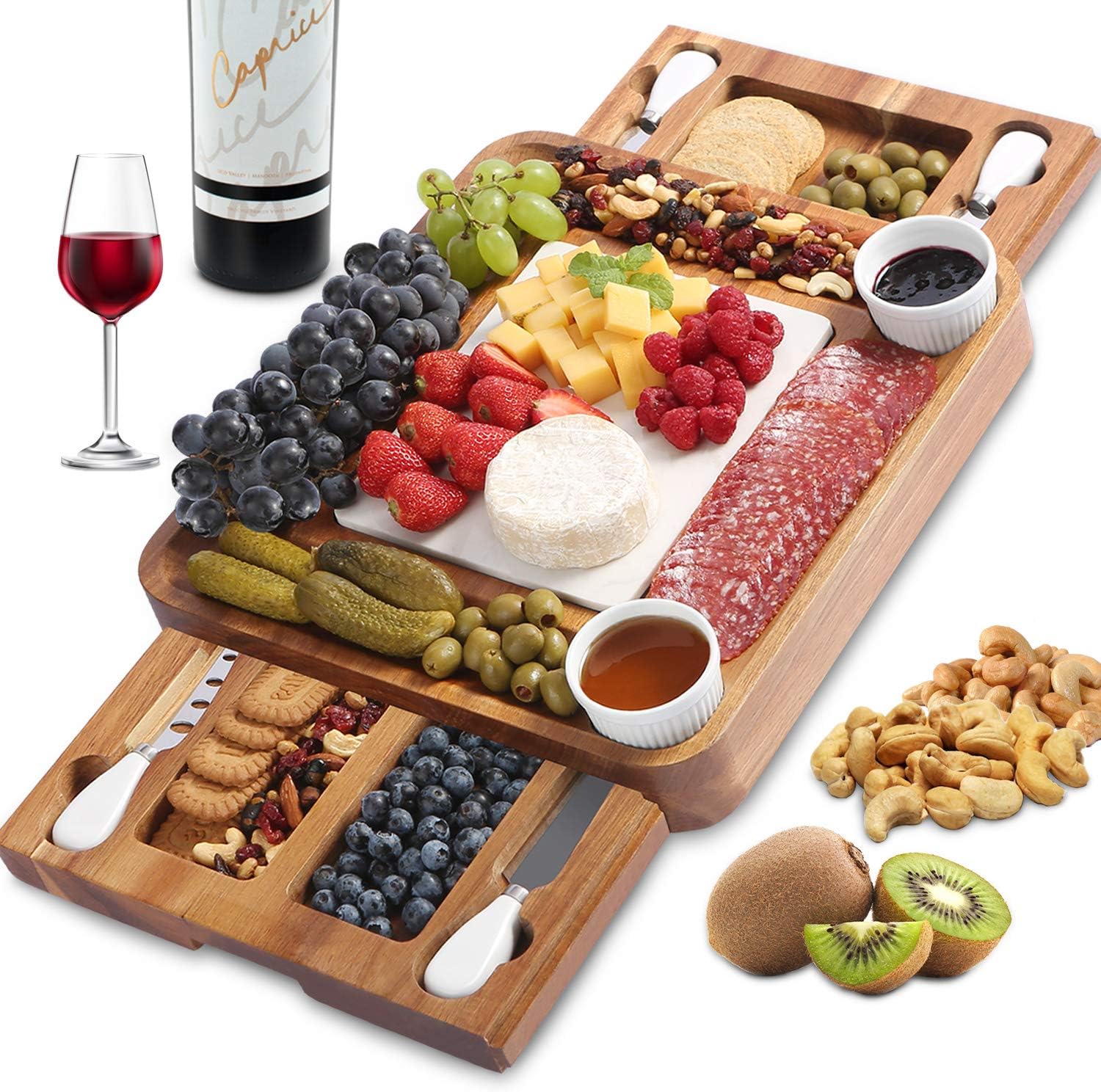 ABELL Cheese Board and Knife Set, Acacia Charcuterie Boards Platter Serving Tray with Double