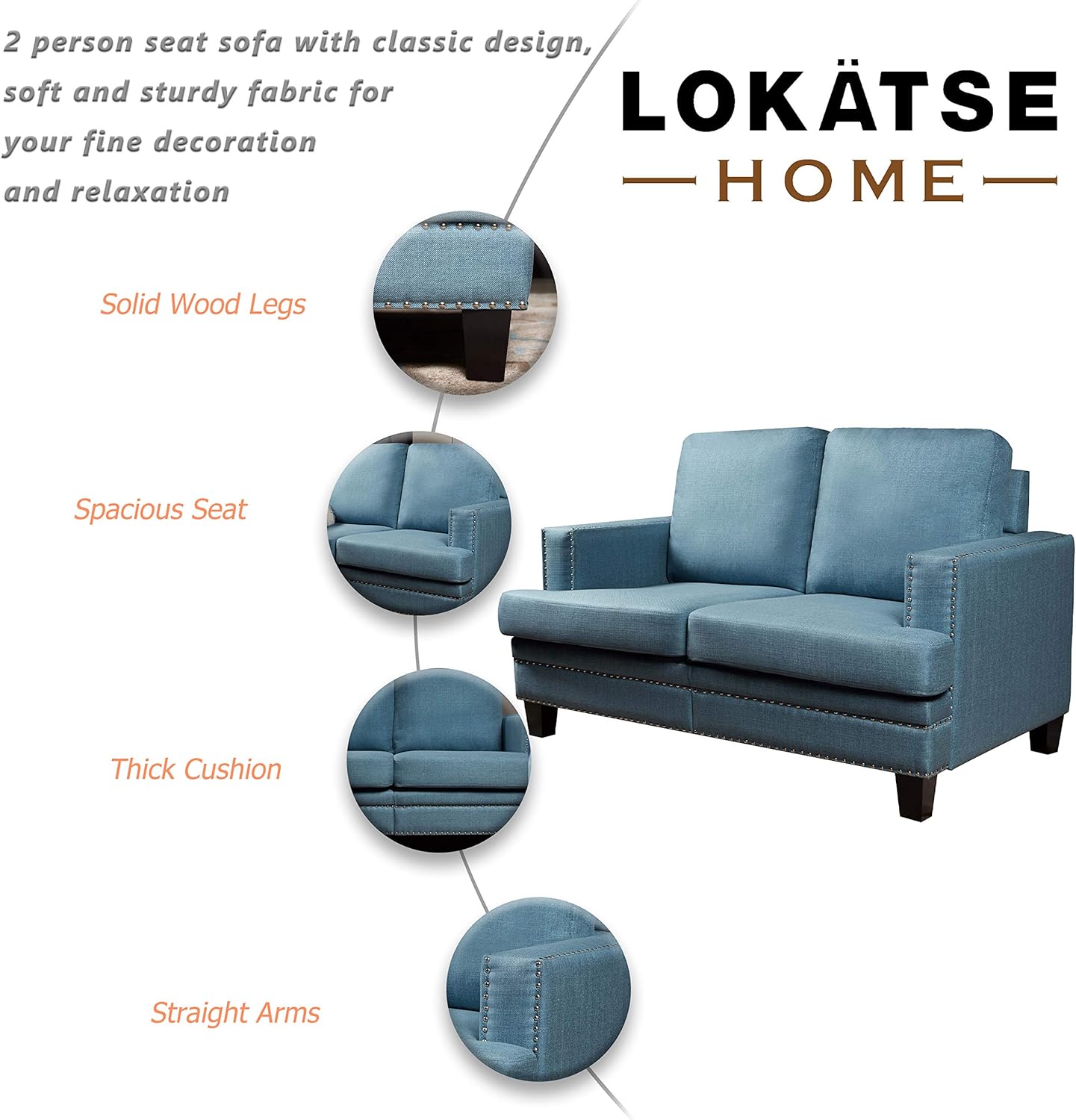 LOKATSE HOME Classic Upholstered 52 Inch Wide Loveseat Sofa Living Room Furniture Couch with Sturdy Wood Frame Construction, 2-Seat, Blue: Furniture & Decor