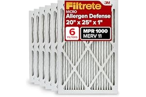 Filtrete 20x25x1 AC Furnace Air Filter, MERV 11, MPR 1000, Micro Allergen Defense, 3-Month Pleated 1-Inch Electrostatic Air Cleaning Filter, 6 Pack (Actual Size 19.69 x 24.69 x 0.81 in)