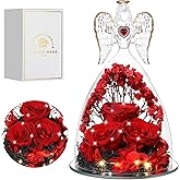Tiaronics Mothers Day Rose Gifts for Women, Large Angel Figurines with Real Roses, Preserved Real Flower Rose for Her, Crystal Red