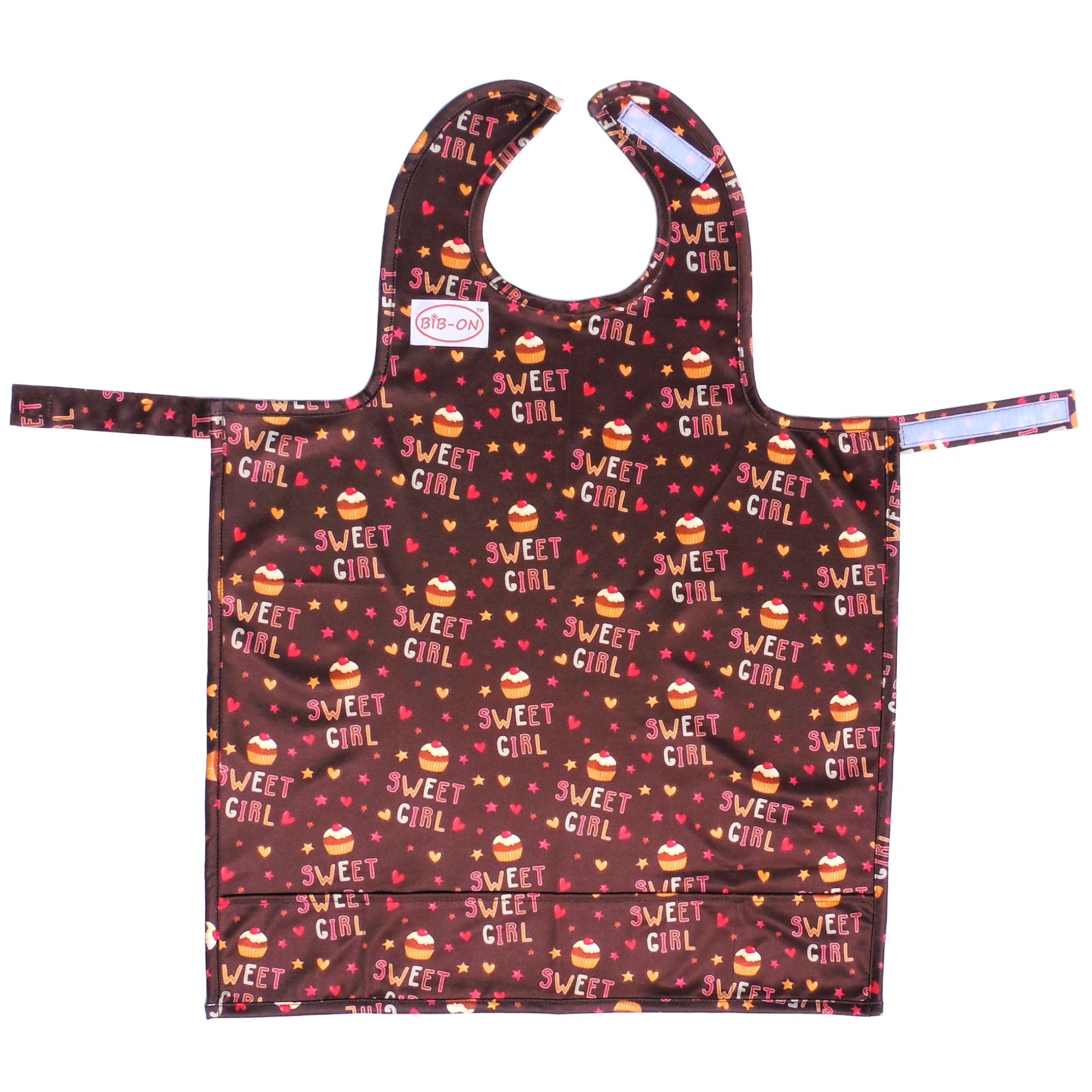 BIB-ON, A New, Full-Coverage Bib and Apron Combination for Infant, Baby, Toddler Ages 0-4. (Sweet Girl Cupcakes)