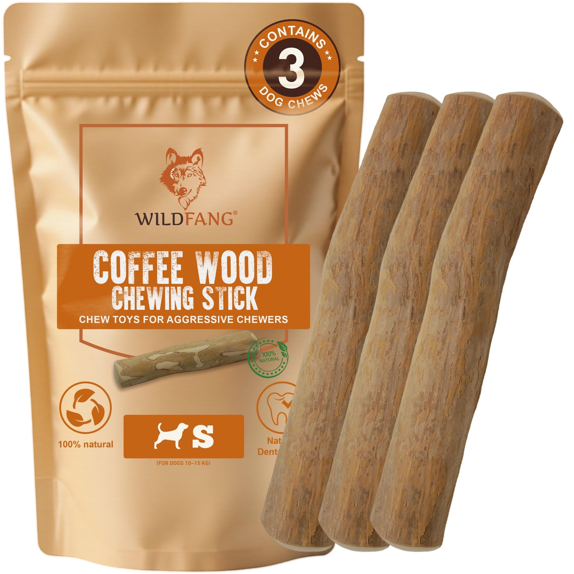 Wildfang® Coffee Wood Dog Chew Small - Durable Dog Toys for Aggressive Chewers, Dental Stick for Teething Puppy, Training for Chewing Muscles, Coffee Tree Sticks for Small Dogs (10-15kg), Pack of 3