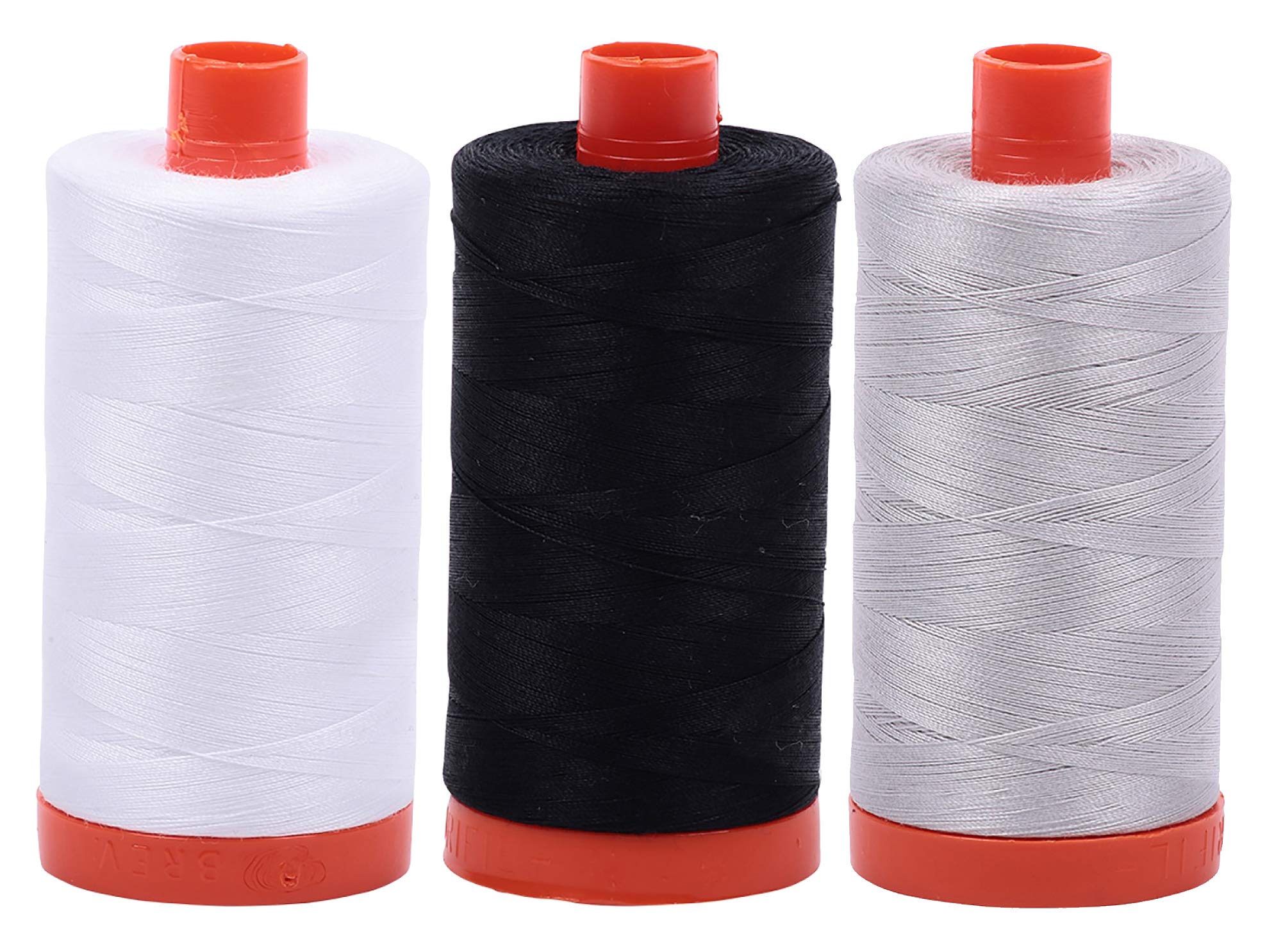 AURIFIL Cotton Mako 50wt Thread 3 Large Spools: White + Black + Aluminum (2024+2692+2615)
