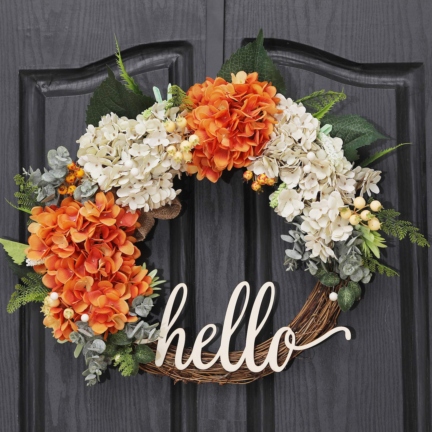 QUNWREATH Handmade Floral 18 inch Handmade Hydrangea Series Wreath,Gifts Package,Free Hooks,Front Door Rustic Wreath,Farmhouse Wreath,Grapevine Wreath,Light up Wreath,Everyday Wreath,QUNW55