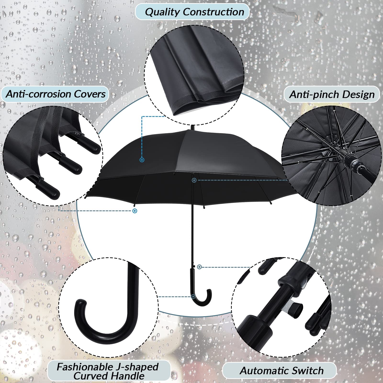 Reginary 12 Pack Black Umbrella Wedding Style Stick Umbrellas Large Canopy Windproof Transparent Stick Umbrellas Wedding Rain Transparent Umbrellas Bulk Auto Open J Hook Handle