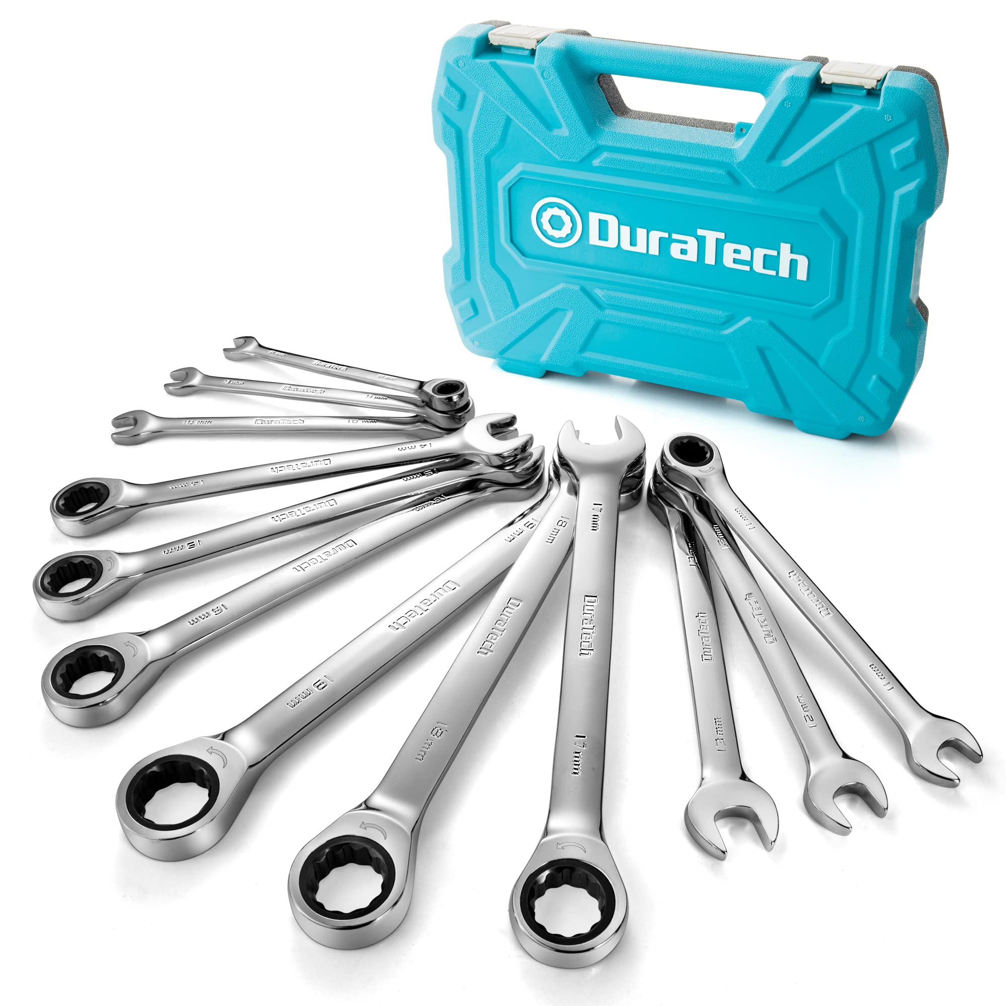DURATECH 12-Piece Ratcheting Combination Wrench Set 8-19 mm, Fixed Head Open End Ratchet Combination Spanner Set, Metric, Cr-V Steel, Organized in Storage Case