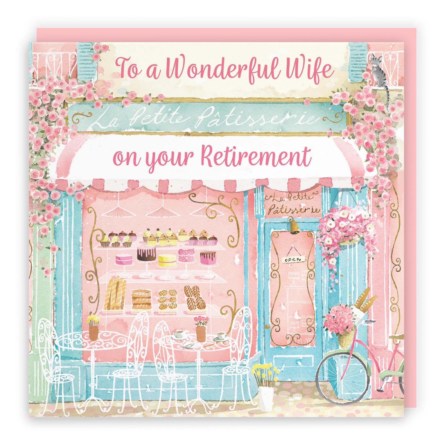 Hunts England - La Petite Patisserie Wife Retirement Card - Charming Pink Bakery, Pretty French Cafe Floral Design - Happy Retirement Card For Wife - Milo's Gallery