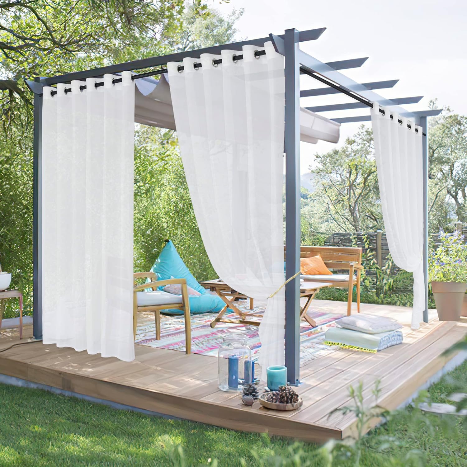 Outdoor Curtains - NICETOWN 2 Panels Outdoor Sheer Curtains for Patio Waterproof 84 inch Long, Grommet Outdoor Soft Voile Sheer Light Filtering Window Drapes for Sliding Door/Gazebo, White, W84 x L84