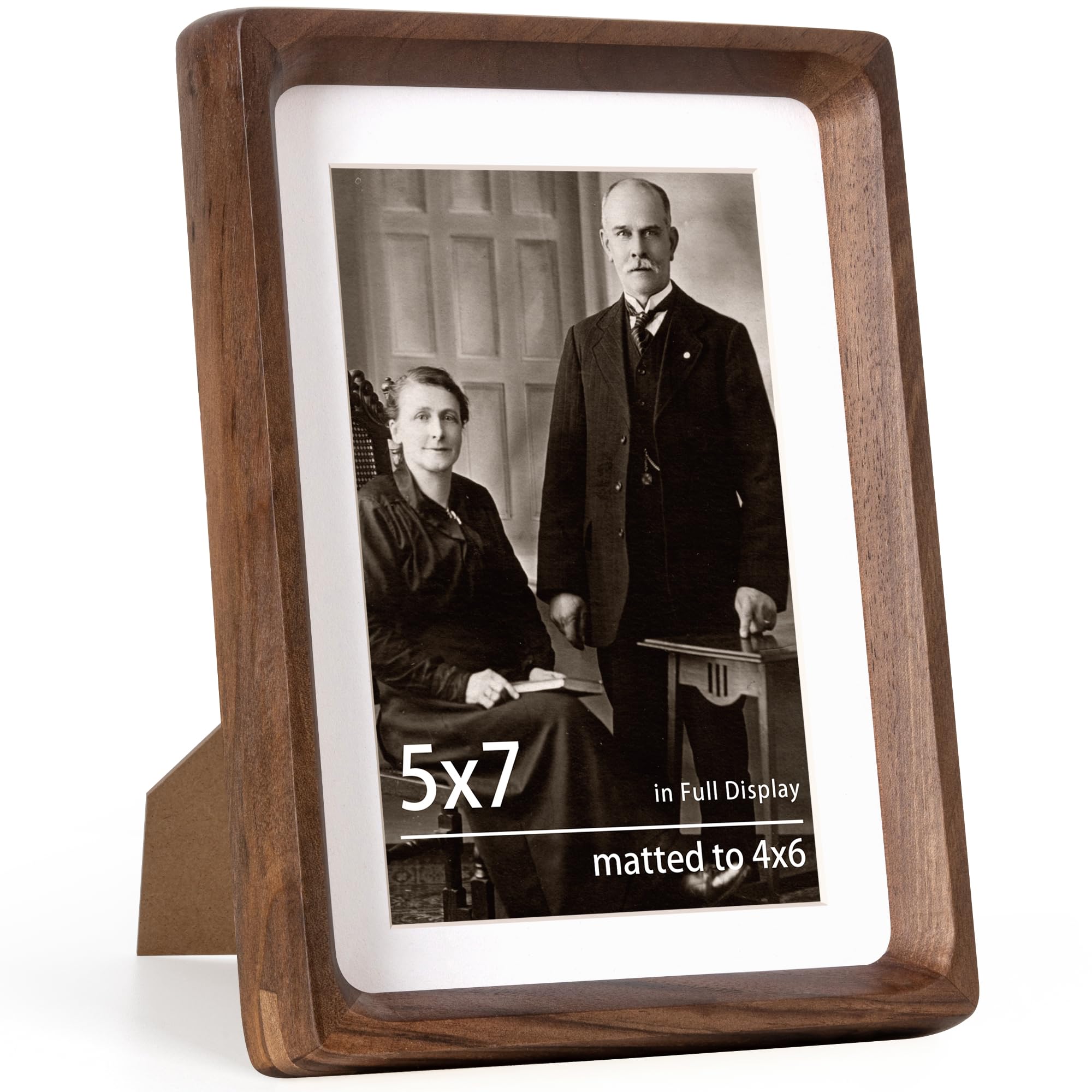 Photo 1 of 5x7 Wooden Picture Frames USA-Sourced Natural Walnut Wood Solid Wood Photo Frame Handcrafted Rounded Corner with Mat to 4x6 Picture Display with Real Glass Family Picture, Wedding Picture