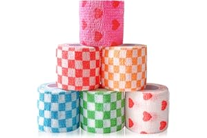 GIFTMISSU 6 Pack 2 Inch x 5 Yards Checkered and Heart Print Pet Vet Wrap for Dogs, Cats, Horses, Non-Woven Self-Adhesive Cohesive Bandage Rolls for Wound Care, Ankle Sprains, Swelling, First Aid Protection