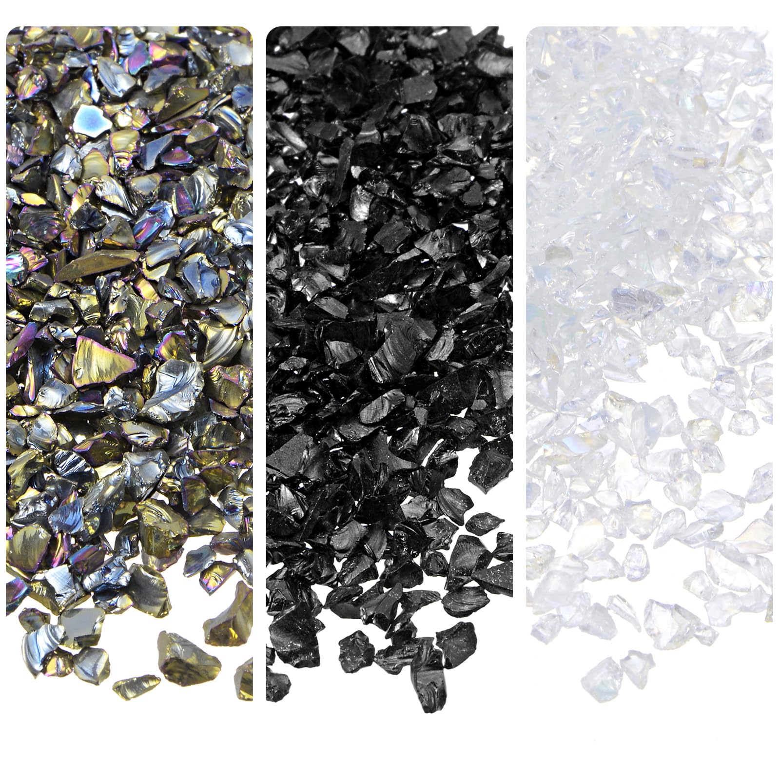 Kozelo 3 Colors Crushed Glass Chips - [1-4mm x 28g] Irregular Metallic Glass White Black Color Series for DIY Decoration Nail Art Use, Electroplated Surface
