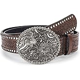 Rhinestone Western Cowboy Belts for Women, PU-Leather Brown Floral Embossed Vintage Carved Cowgirl Belt 33-37" for Jeans