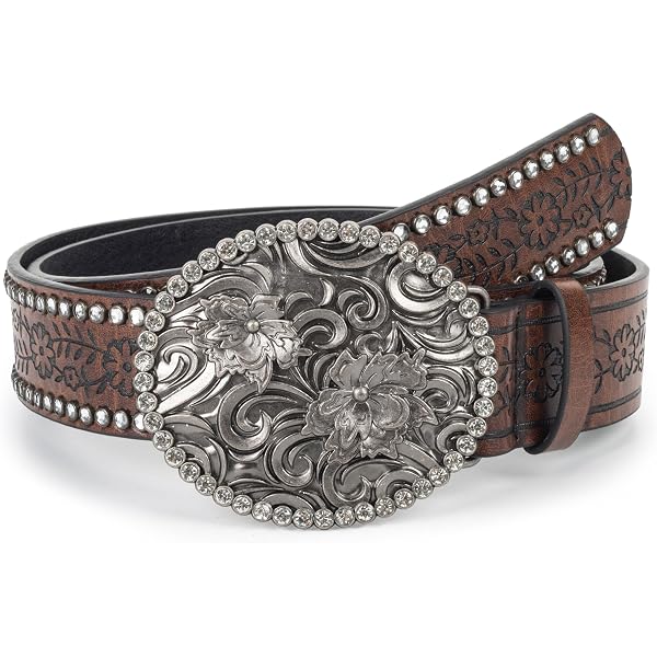 2864 Women\'s Rhinestone Floral Engraved Cowgirl Belts Western Buckle Boho Bawnhaw Cowgirl Rhinestone Western Belt for Women PU-Leather  main image 2