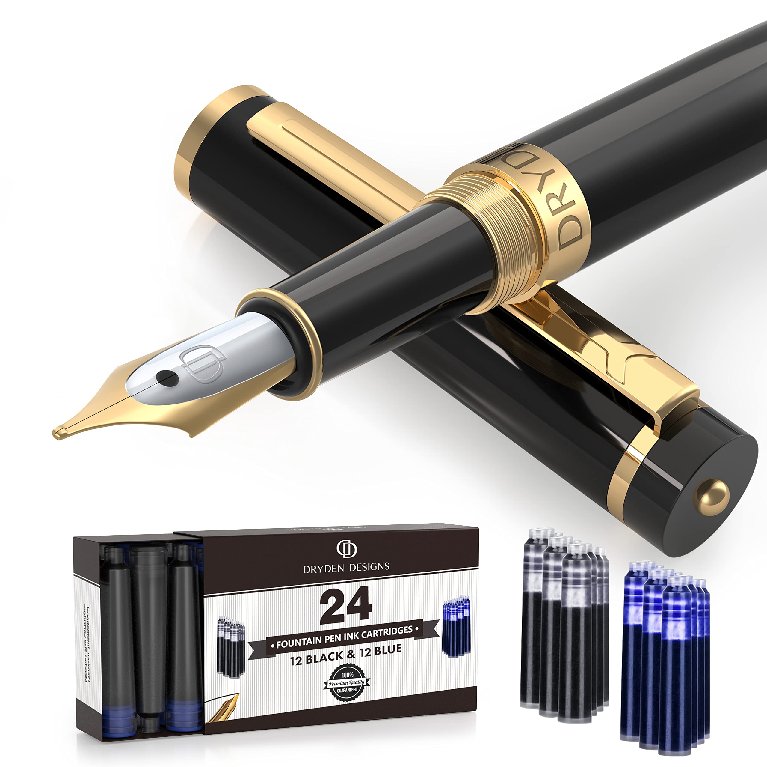 Dryden Designs Fountain Pen - Medium Nib | Includes 24 Ink Cartridges and Ink Refill Converter | Calligraphy Pen, Consistent Writing, Smooth Flow - Intense Black