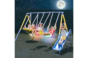 Sportspower Starlight Metal Swing Set with LED Swings, 2-Person Saucer Swing & 5ft Slide, Outdoor Kids Playset with Safe Design – 12.2' L x 6' W x 5.91' H, 500lbs Max Weight