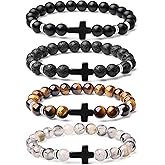 Sahoottie Beaded Cross Bracelet Christian Bracelets for Men 8MM Black Crystal Bracelet for Men Stretch Adjustable Bracelets Gifts for Friends