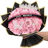 Waipfaru Glitter Roses Bouquet,Birthday Gifts for Women Mom,DIY Fake Flowers Bouquet with Birthday Stand-Up Signs,36 Pink Rose for Grandma Wife Friends