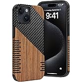 Dolstrap Rugged Case Compatible with iPhone 15 Case, (Natural Wood & Carbon Fiber Hybrid) Slim Phone Cover, Black+Brown