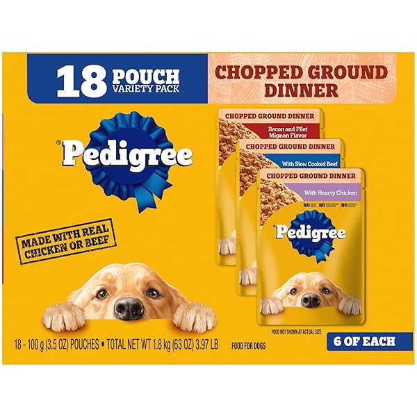 PEDIGREE CHOPPED GROUND DINNER ADULT SOFT WET DOG FOOD 18-COUNT BACON FILET MIGNON VARIETY PACK, 3.5 OZ. POUCHES