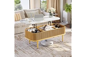 Nordivale Lift Top Coffee Table for Living Room, Modern Oak Fluted Coffee Table with Hidden Storage, Rectangle Center Table w