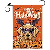 ZAEW Happy Halloween Garden Flag Cute Dog Pumpkins Bats Yard Flag 12x18 Inch Double Sided Small Mini Yard Outdoor Outside Holiday Party Decoration